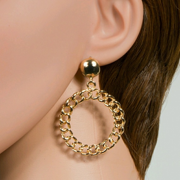 Cuban Link Hoop Drop Earrings - Picture 6 of 7